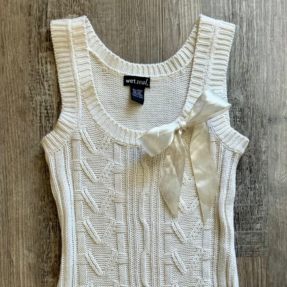 Vintage Y2K Wet Seal Sleeveless Cable Knit Mini Dress + Ribbon Bow Detail - Picture 10 of 11